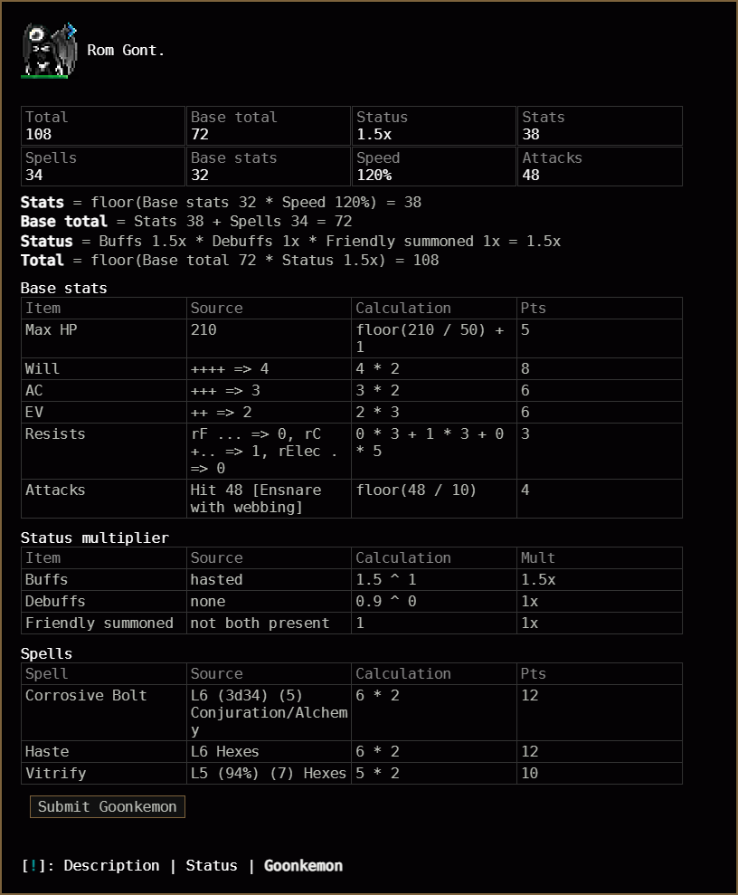 Rom Gont Goonkemon score screen with Submit Goonkemon button
