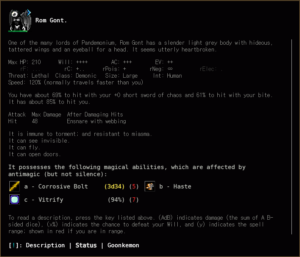 Rom Gont x-v monster description screen